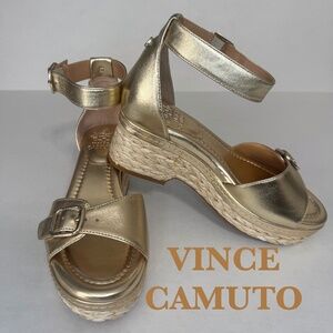 VINCE CAMUTO Wedge Sandals Adjustable Meterry Egyptain Gold Summer Wedding Sz 6